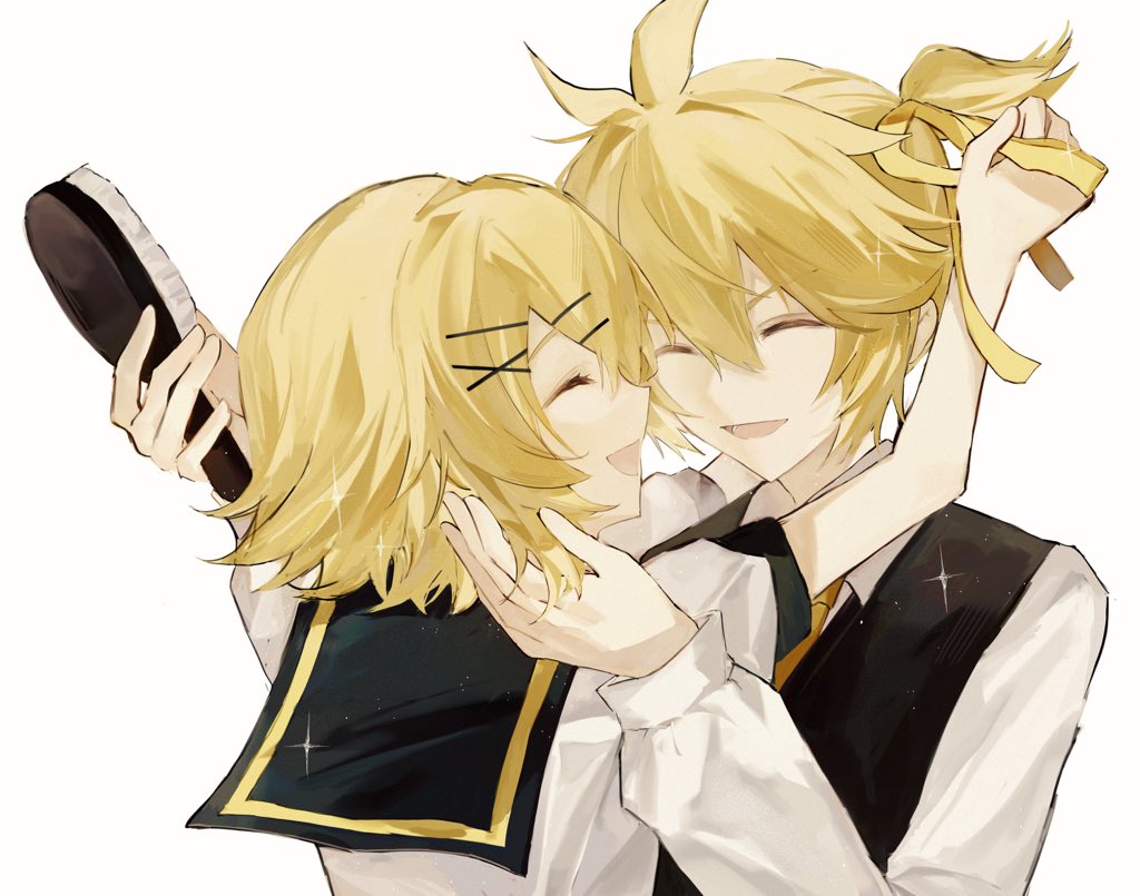 shiruru531, kagamine len, kagamine rin, adolescence (vocaloid), vocaloid, 1boy, 1girl, black sailor collar, black vest, blonde hair, brother and sister, closed eyes, collared shirt, hair brush, hair ornament, hair ribbon, hairclip, long sleeves, necktie, open mouth, ponytail, ribbon, sailor collar, shirt, short hair, short ponytail, siblings, simple background, smile, sparkle, twins, upper body, vest, white background, white shirt, x hair ornament, yellow necktie