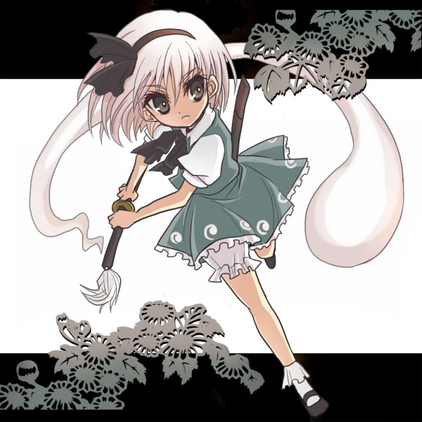 girotin ginza, konpaku youmu, konpaku youmu (ghost), touhou, 1girl, bloomers, female focus, fighting stance, hairband, hitodama, katana, mary janes, ready to draw, school uniform, serafuku, sheath, sheathed, shoes, short hair, socks, solo, sword, underwear, weapon, white bloomers, white hair