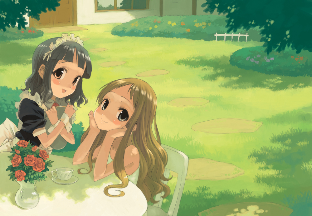 shirane taito, original, 2girls, black hair, brown eyes, brown hair, child, cup, flower, garden, grey eyes, head rest, hugging object, maid, maid headdress, multiple girls, red flower, red rose, rose, smile, table, teacup, tray, x arms