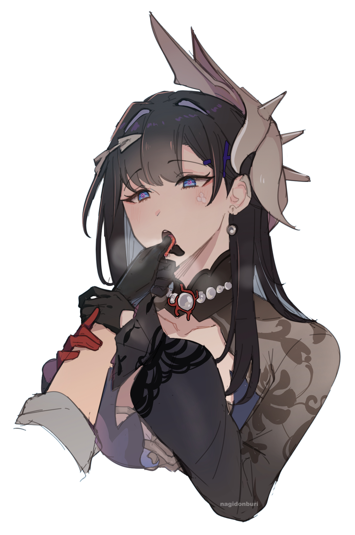 hinagi (fox priest), hysilens (honkai: star rail), stelle (honkai: star rail), trailblazer (honkai: star rail), honkai: star rail, honkai (series), highres, 2girls, aroused, black gloves, black hair, blue eyes, blunt bangs, blush, bright pupils, disembodied hand, gloves, hair ornament, high collar, holding another's arm, holding another's tongue, multiple girls, open mouth, pink pupils, scales, simple background, tongue, tongue grab, tongue out, white background, white pupils, yuri
