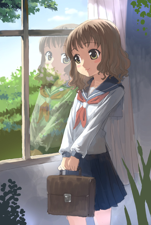 shirane taito, original, light brown hair, 1girl, bag, blush, briefcase, child, day, different reflection, female focus, frown, looking outside, reflection, school bag, school briefcase, school uniform, serafuku, smile, solo, standing, v arms, window, yellow eyes