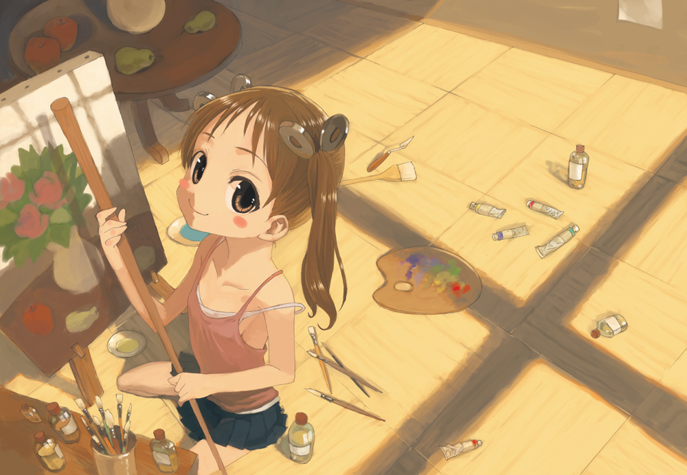 shirane taito, 1girl, apple, art brush, blush, blush stickers, bottle, bra, brown eyes, brown hair, camisole, canvas (object), child, easel, female focus, flower, food, from above, fruit, hair bobbles, hair ornament, lingerie, looking at viewer, paint, paint palette, paintbrush, painting (action), pear, room, sitting, skirt, smile, solo, strap slip, tank top, twintails, underwear, vase, window shadow