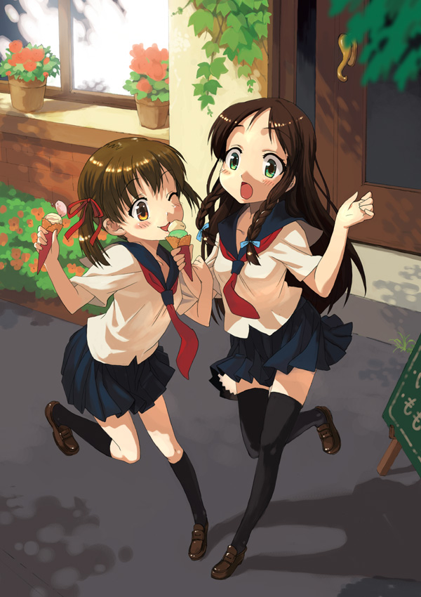 shirane taito, original, black socks, braid, brown hair, flower, food, green eyes, ice cream, kneehighs, legs, licking, neckerchief, orange eyes, red neckerchief, school uniform, serafuku, socks, standing, standing on one leg, surprised, thighhighs, twin braids, twintails