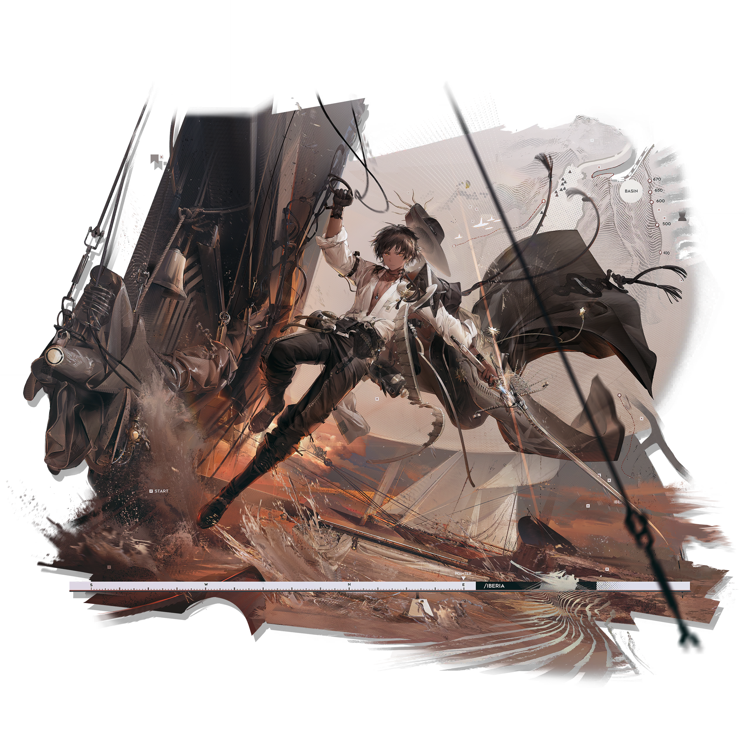shuiyaoximushi, thorns (arknights), thorns (blade-cleaved tides) (arknights), arknights, absurdres, highres, official art, third-party source, 1boy, bishounen, black boots, black gloves, black hair, black pants, boots, braid, bright pupils, brown hair, brown theme, closed mouth, dark-skinned male, dark skin, full body, gloves, hat, hat loss, holding, holding sword, holding weapon, knee boots, looking at viewer, male focus, ocean, official alternate costume, open clothes, open shirt, orange clouds, orange eyes, orange theme, outdoors, pants, pectorals, pirate, sailing ship, serious, ship, shirt, short hair, simple background, sky, sleeves rolled up, solo, standing, sunset, sword, transparent background, unworn hat, unworn headwear, water, watercraft, weapon, white pupils, white shirt