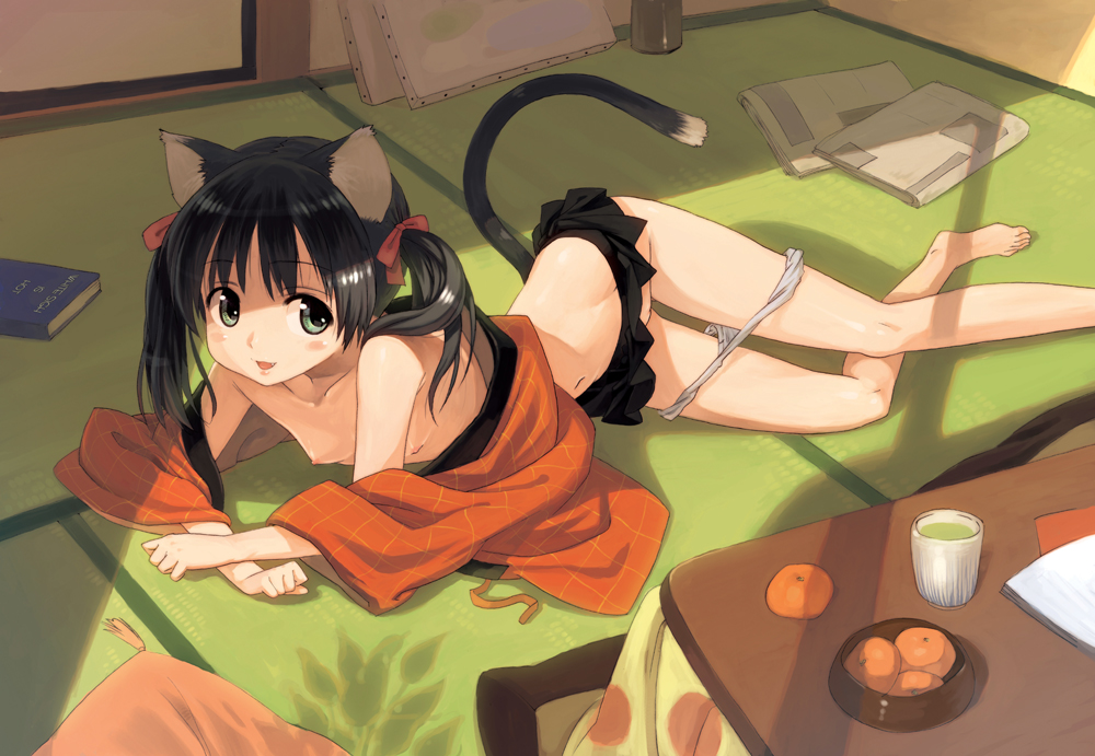 shirane taito, original, 1girl, animal ears, barefoot, black hair, blush stickers, book, cat ears, cat tail, cup, easel, fang, female focus, flat chest, food, fruit, green eyes, japanese clothes, kotatsu, legs, loli, lying, navel, newspaper, nipples, off shoulder, on side, panties, panty pull, pillow, room, skirt, solo, table, tail, tatami, tea, topless female, twintails, underwear, window shadow