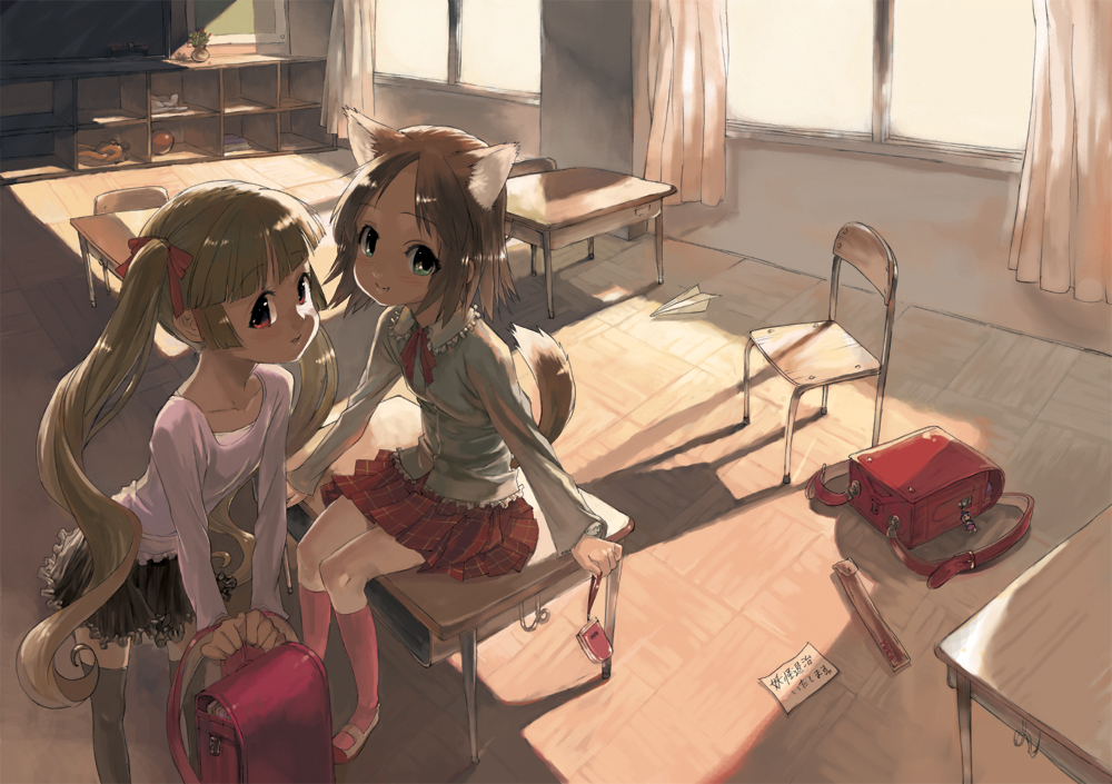 shirane taito, original, 2girls, animal ears, backpack, bag, black socks, blunt bangs, cat ears, cat tail, cellphone, child, classroom, desk, fang, frills, indoors, kneehighs, multiple girls, paper airplane, papercraft, phone, randoseru, school, school desk, sidelocks, socks, sunlight, tail, thighhighs, twintails, window