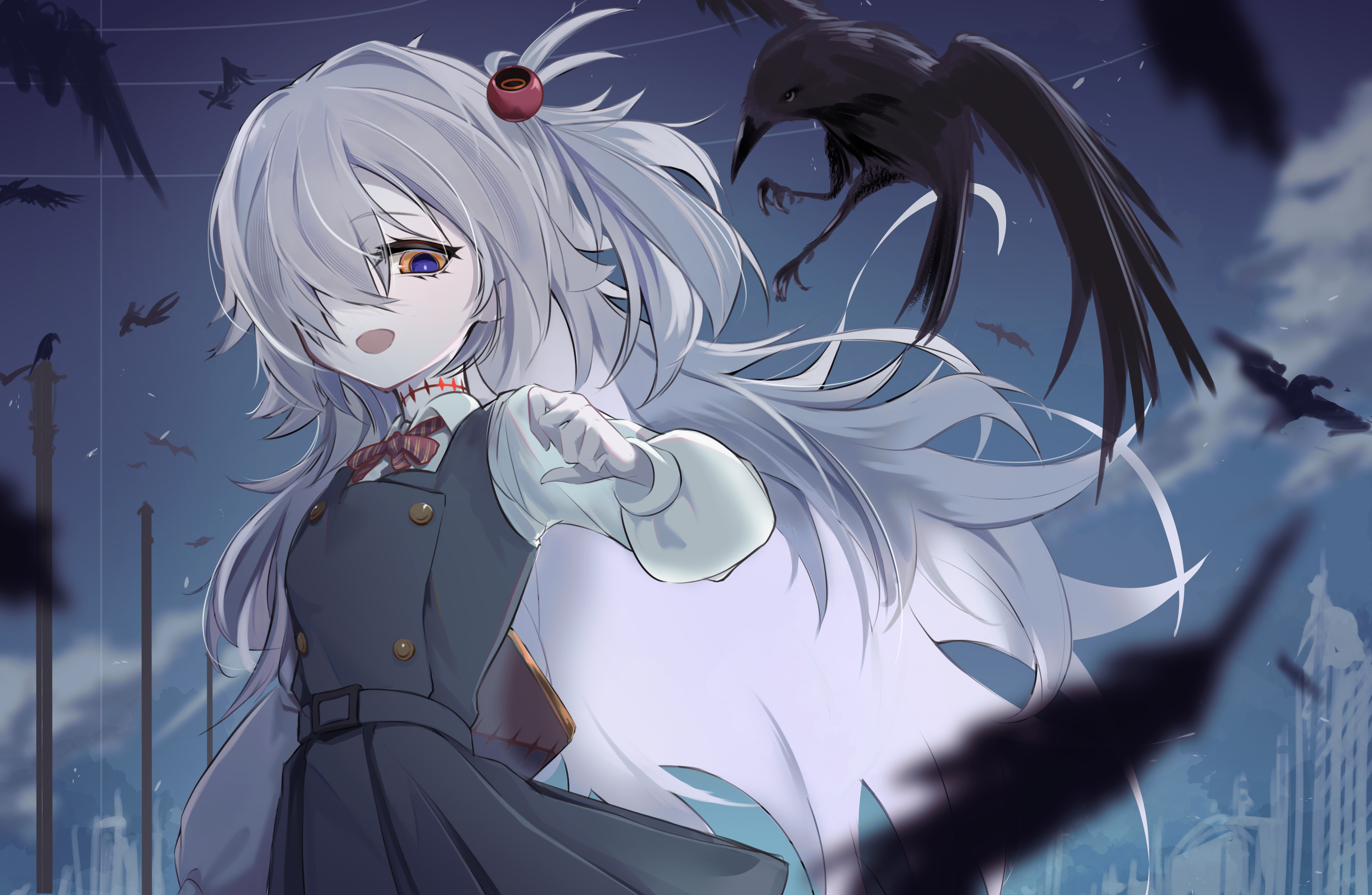 kurokuro rakuga, kanoe (blue archive), blue archive, absurdres, commentary, highres, 1girl, bag, bird, black dress, blurry, blurry foreground, building, cloud, dress, feathers, grey hair, hair between eyes, hair ornament, hair over one eye, long hair, long sleeves, looking at viewer, night, open mouth, orange eyes, outdoors, pinafore dress, shirt, sky, sleeveless, sleeveless dress, solo, two side up, very long hair, white shirt