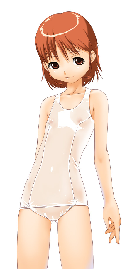 makochin, original, 1girl, brown eyes, cameltoe, contrapposto, female focus, flat chest, loli, one-piece swimsuit, orange hair, red hair, school swimsuit, see-through clothes, simple background, smile, solo, swimsuit, white background, white one-piece swimsuit, white school swimsuit