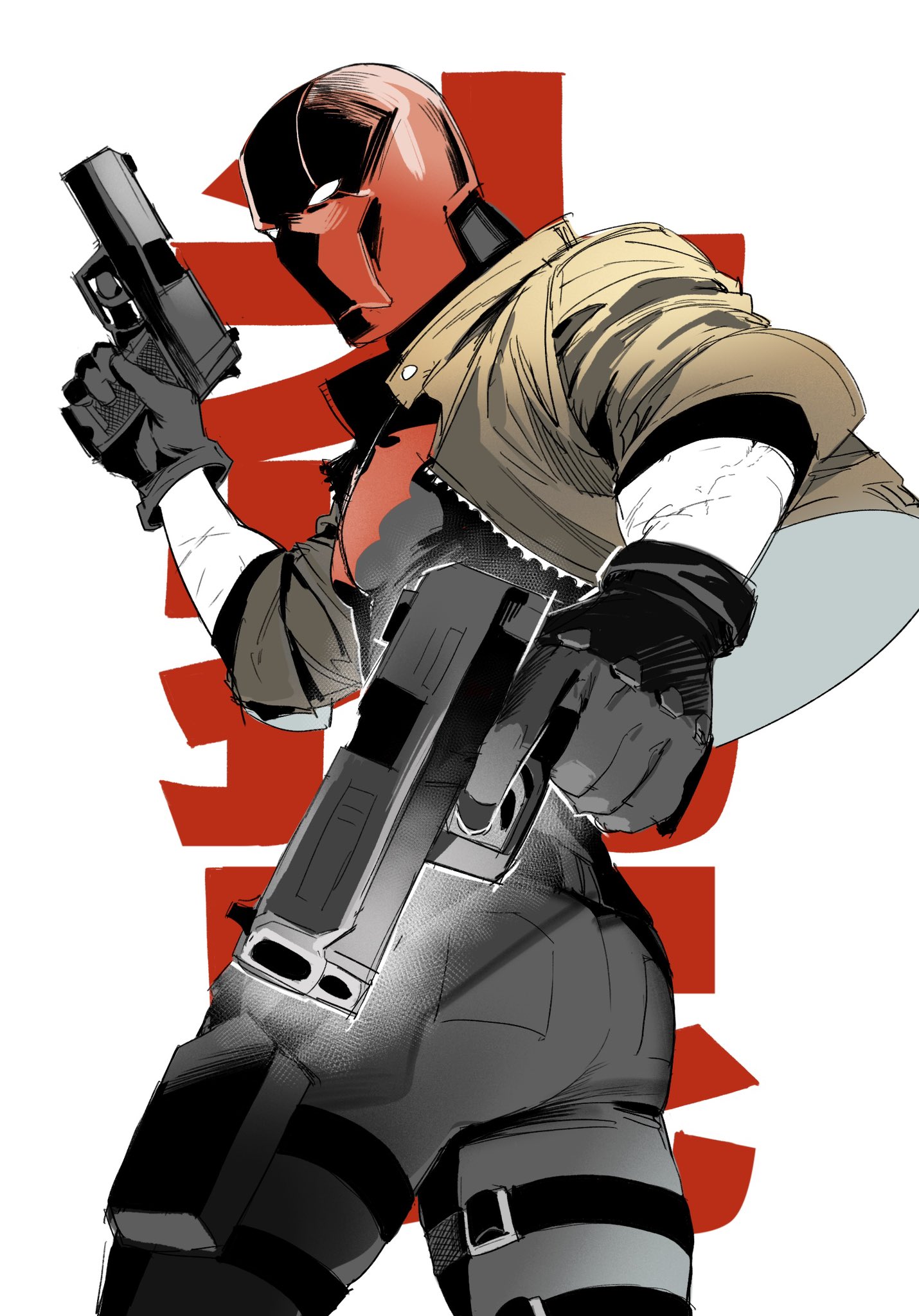 3000zialg, jason todd, red hood (dc), batman (series), dc comics, highres, 1boy, bat signal, batman symbol, black bodysuit, black gloves, bodysuit, brown jacket, gloves, grey bodysuit, holding, jacket, looking at viewer, male focus, mask, muscular, muscular male, open clothes, pants, red hood and the outlaws, red mask, simple background, solo, superhero costume, taut bodysuit, two-tone bodysuit, white background