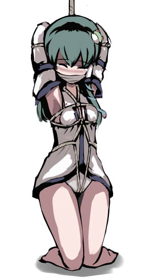 gatau, kochiya sanae, touhou, 1girl, armpits, arms behind head, bdsm, blush, bondage, bound, cloth gag, crotch rope, female focus, full body, gag, gagged, hair between eyes, hip focus, improvised gag, kneeling, no pants, nose blush, panties, rope, shibari, shibari over clothes, simple background, solo, tearing up, underwear, white background