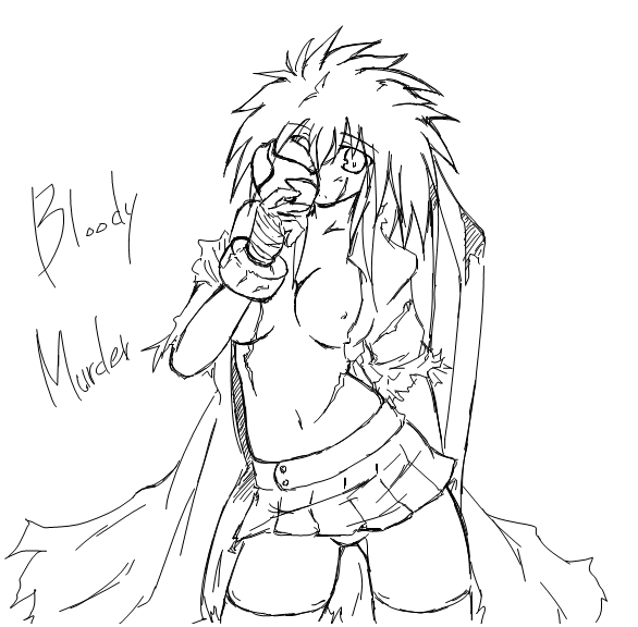 kaminagi (kaminagi-tei), bloody murderer, ragnarok online, 1girl, breasts, female focus, genderswap, genderswap (mtf), greyscale, mask, medium breasts, monochrome, monster girl, scar, skirt, solo, thighhighs