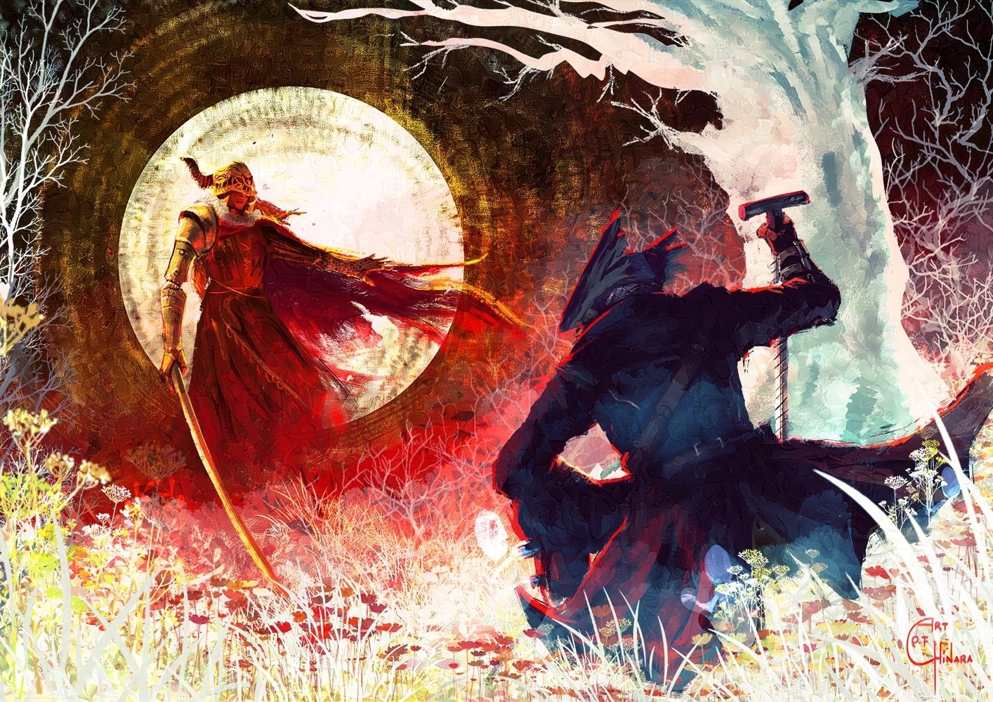 artofchinara, hunter (bloodborne), malenia blade of miquella, bloodborne, elden ring, commentary, english commentary, 1girl, 1other, armor, bare tree, black coat, black gloves, black hat, black pants, bracer, breastplate, cane, coat, from behind, gloves, hat, helmet, holding, holding cane, holding sword, holding weapon, long coat, long sleeves, on one knee, pants, plant, prosthesis, prosthetic arm, sword, threaded cane, tree, tricorne, weapon