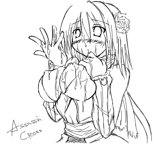 kaminagi (kaminagi-tei), assassin cross (ragnarok online), ragnarok online, 1girl, breasts, cum, greyscale, large breasts, monochrome, paizuri, penis, solo, uncensored