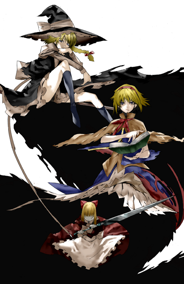 onigunsou, alice margatroid, hourai doll, kirisame marisa, shanghai doll, touhou, 2girls, blonde hair, book, bow, braid, broom, broom riding, capelet, faceless, female focus, floating hair, frills, hairband, hat, head rest, holding, holding book, legs, long hair, looking at viewer, multiple girls, serious, short hair, side braid, simple background, skirt, sword, weapon, witch hat