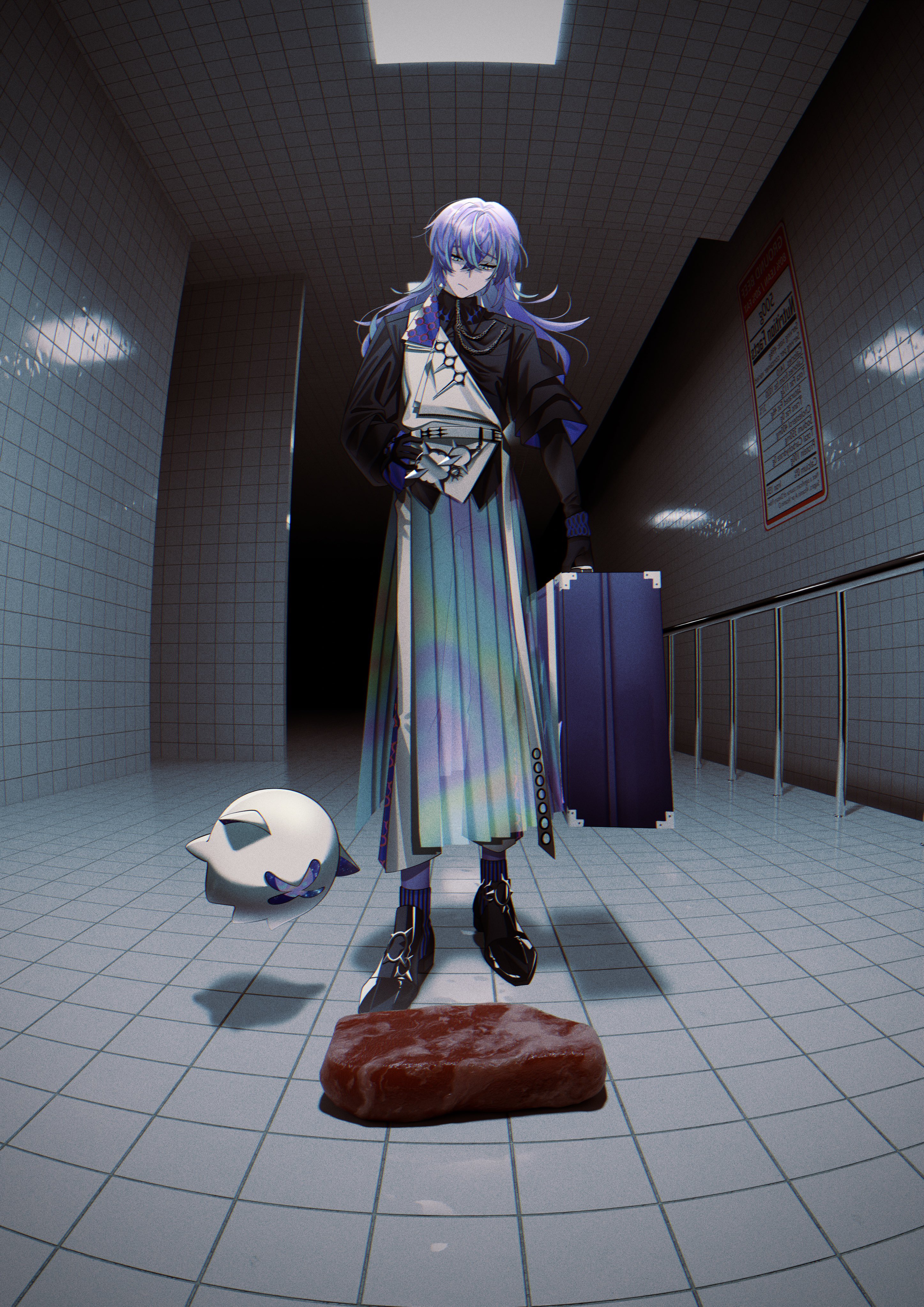 hoshirube sho, hoshirube sho (1st costume), otomo (hoshirube sho), nijisanji, absurdres, highres, 1boy, 404 4628, ankle boots, belt, black belt, black gloves, black jacket, black shirt, blue eyes, blue hair, boots, closed mouth, crossed bangs, earrings, full body, gloves, hair between eyes, hakama, hand in pocket, hand on own hip, high heels, holding, indoors, jacket, japanese clothes, jewelry, liminal space, long hair, long skirt, long sleeves, looking at viewer, male focus, multicolored hair, pants, pleated skirt, purple eyes, purple hair, purple socks, rolling suitcase, shirt, skirt, socks, solo, standing, streaked hair, suitcase, tile floor, tiles, virtual youtuber