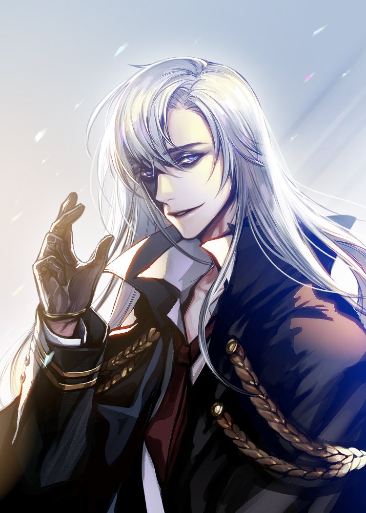 eu (euspia), lee kiyoung (regressor's instruction manual), regressor's instruction manual, commentary request, korean commentary, official art, 1boy, arm rest, black eyes, cape, cover, gloves, grin, long hair, looking at viewer, male focus, mask, smile, white hair