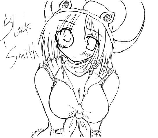 kaminagi (kaminagi-tei), blacksmith (ragnarok online), ragnarok online, 1girl, blacksmith, breasts, cleavage, elbow gloves, female focus, gloves, greyscale, large breasts, monochrome, monocle, solo