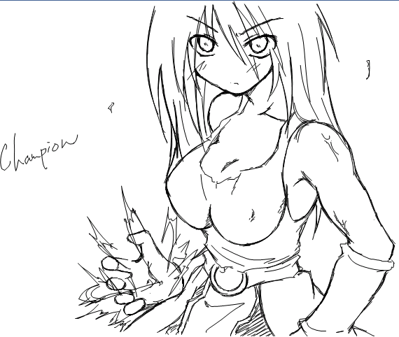 kaminagi (kaminagi-tei), champion (ragnarok online), ragnarok online, >:), 1girl, blush, breasts, cleavage, closed mouth, cowboy shot, female focus, fingerless gloves, gloves, greyscale, hair between eyes, large breasts, long hair, looking at viewer, monochrome, simple background, solo, tank top, v-shaped eyebrows, very long hair, white background
