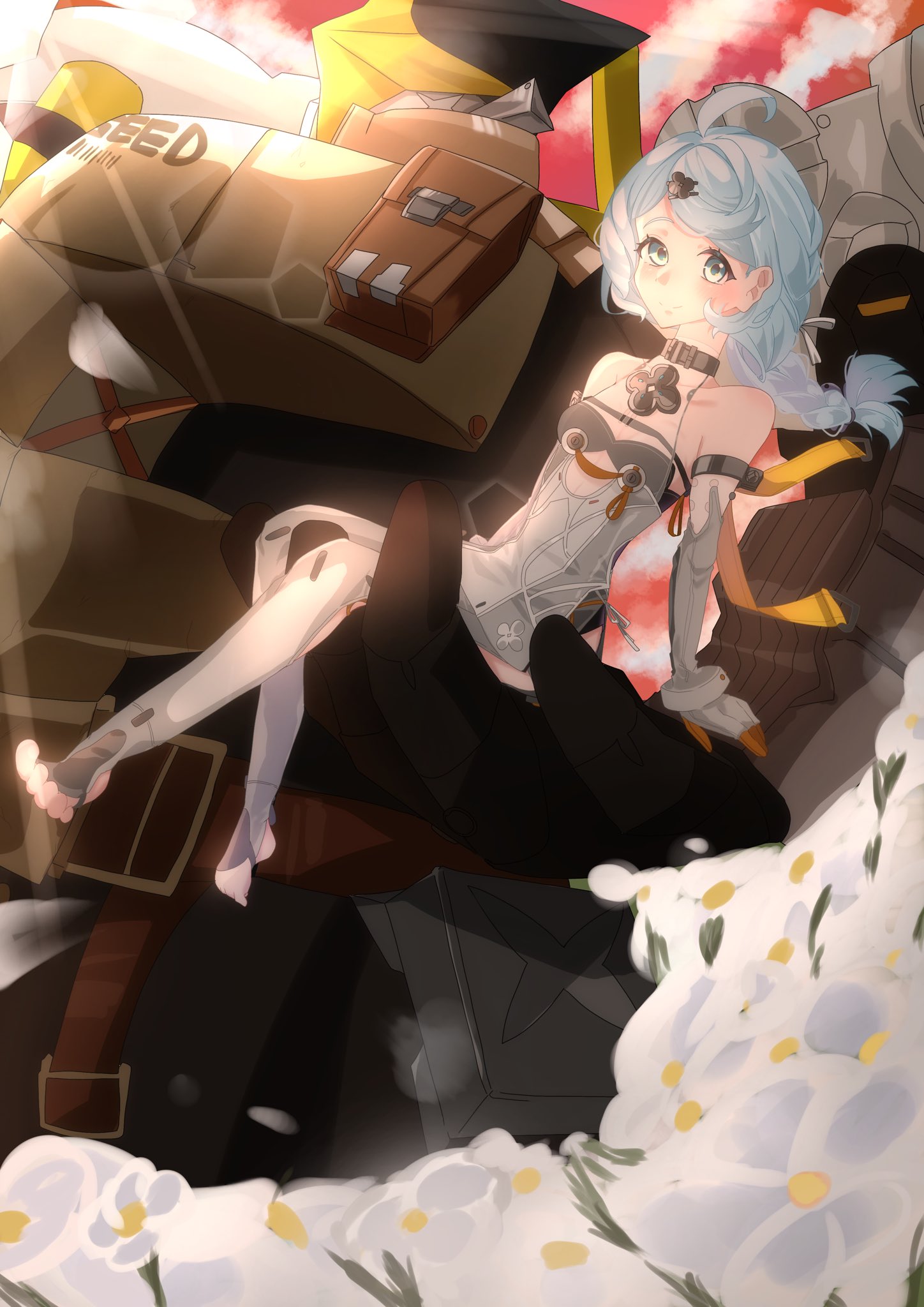 seed (zenless zone zero), zenless zone zero, highres, blue hair, breasts, decorations, dress, flower, gloves, green eyes, hair ornament, hairpin, lhtzlvv8, military, motor vehicle, seed, seed sr., white dress, white gloves