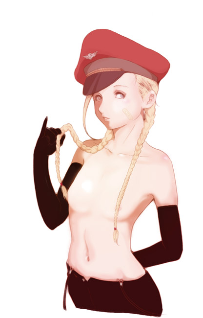 okazuwa shake, cammy white, capcom, street fighter, 1girl, bandaid, bandaid on face, black gloves, blonde hair, braid, censored, convenient censoring, elbow gloves, female focus, flat chest, gloves, hair censor, hair over breasts, hat, long hair, navel, peaked cap, pinky out, simple background, solo, topless female, twin braids, white background