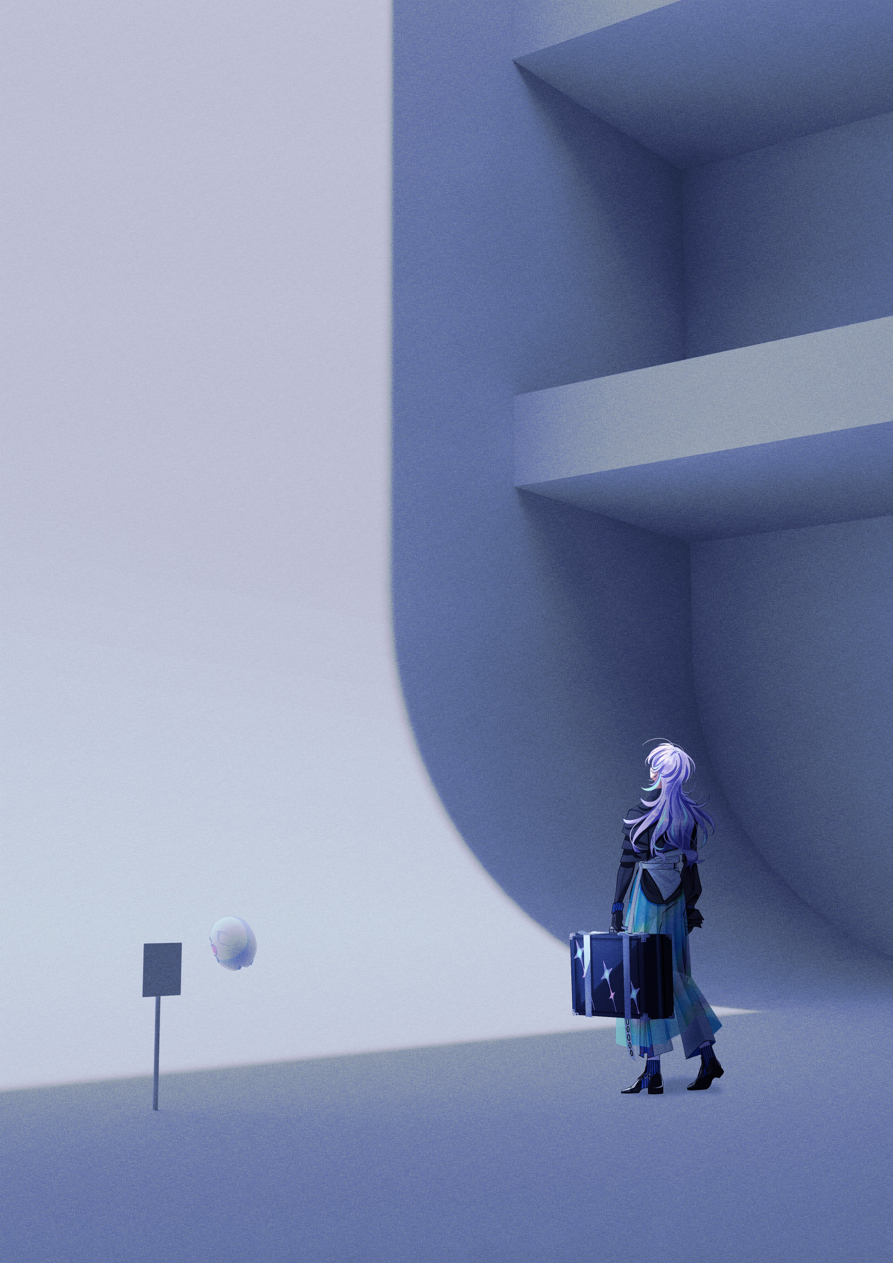 hoshirube sho, hoshirube sho (1st costume), otomo (hoshirube sho), nijisanji, absurdres, highres, 1boy, 1girl, 404 4628, black gloves, from behind, gloves, holding, holding suitcase, long hair, long sleeves, purple hair, shadow, skirt, solo, standing, suitcase, walking, wide shot