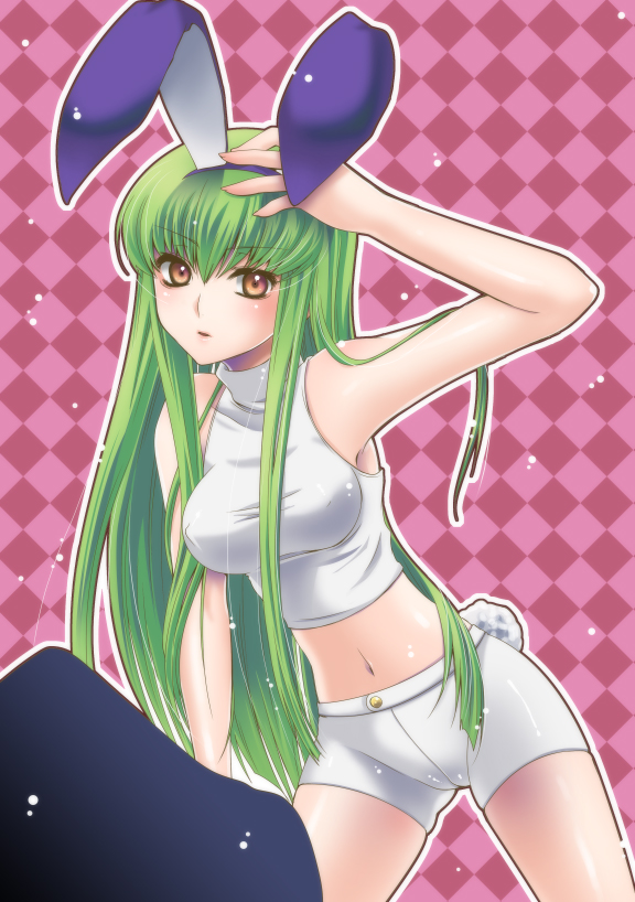 yukian, c.c., code geass, bad id, bad pixiv id, 00s, animal ears, bare shoulders, fake animal ears, green hair, hand on own head, long hair, pink background, rabbit ears, rabbit tail, shorts, sleeveless, sleeveless turtleneck, solo, tail, turtleneck, yellow eyes