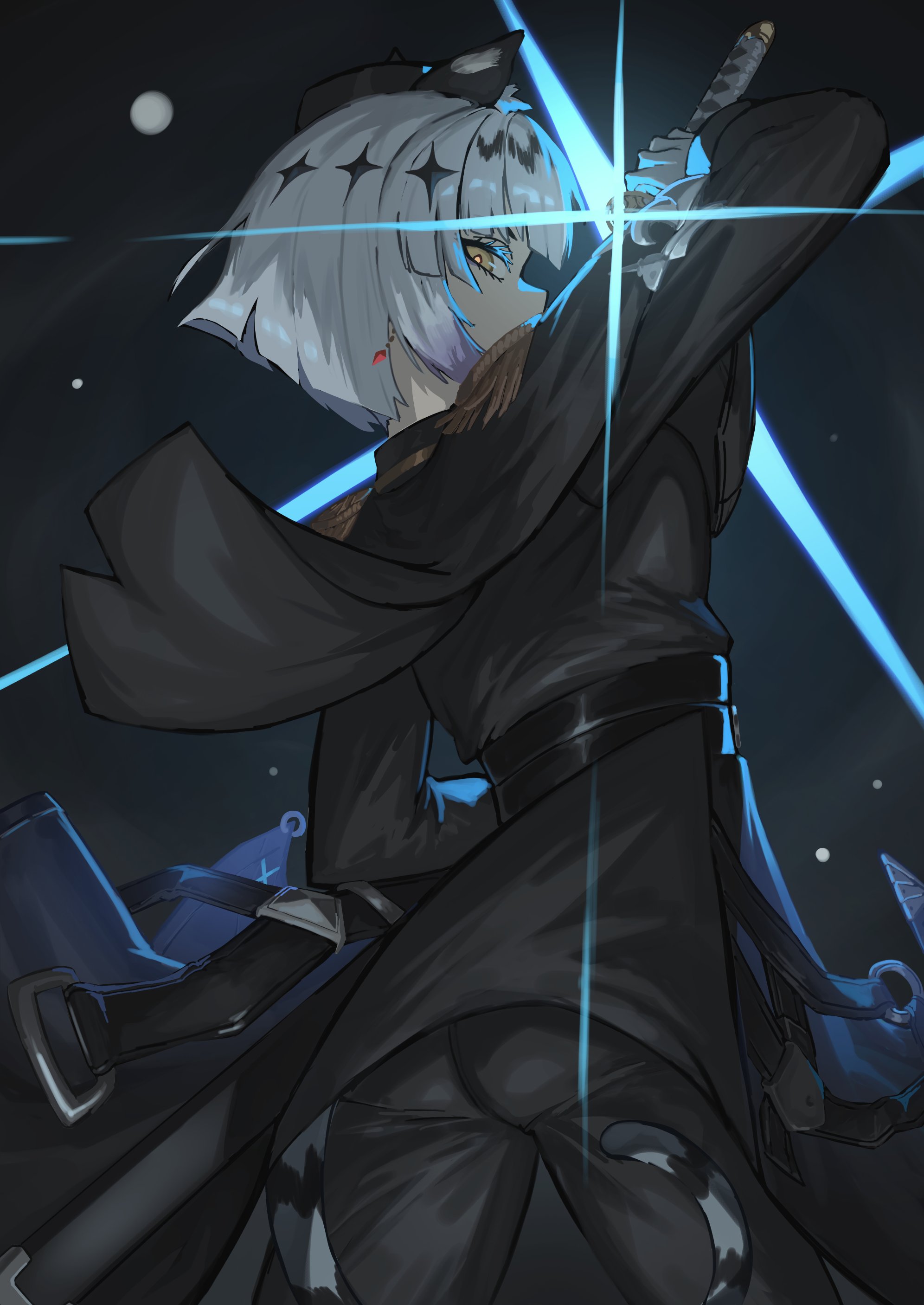 shadowverse, shadowverse: worlds beyond, absurdres, highres, 1girl, animal ears, armor, back, black cape, cape, cat ears, cat tail, earrings, epaulettes, gildaria (shadowverse), gloves, holding, holding sword, holding weapon, jewelry, looking at viewer, looking back, pauldrons, rai3da, shoulder armor, single earring, solo, strap, sword, tail, weapon, white gloves