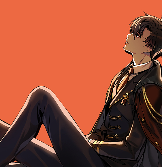 eu (euspia), lee kiyoung (regressor's instruction manual), regressor's instruction manual, commentary request, korean commentary, official art, 1boy, arm rest, black eyes, black hair, cape, from side, full body, gloves, grin, looking up, male focus, smile
