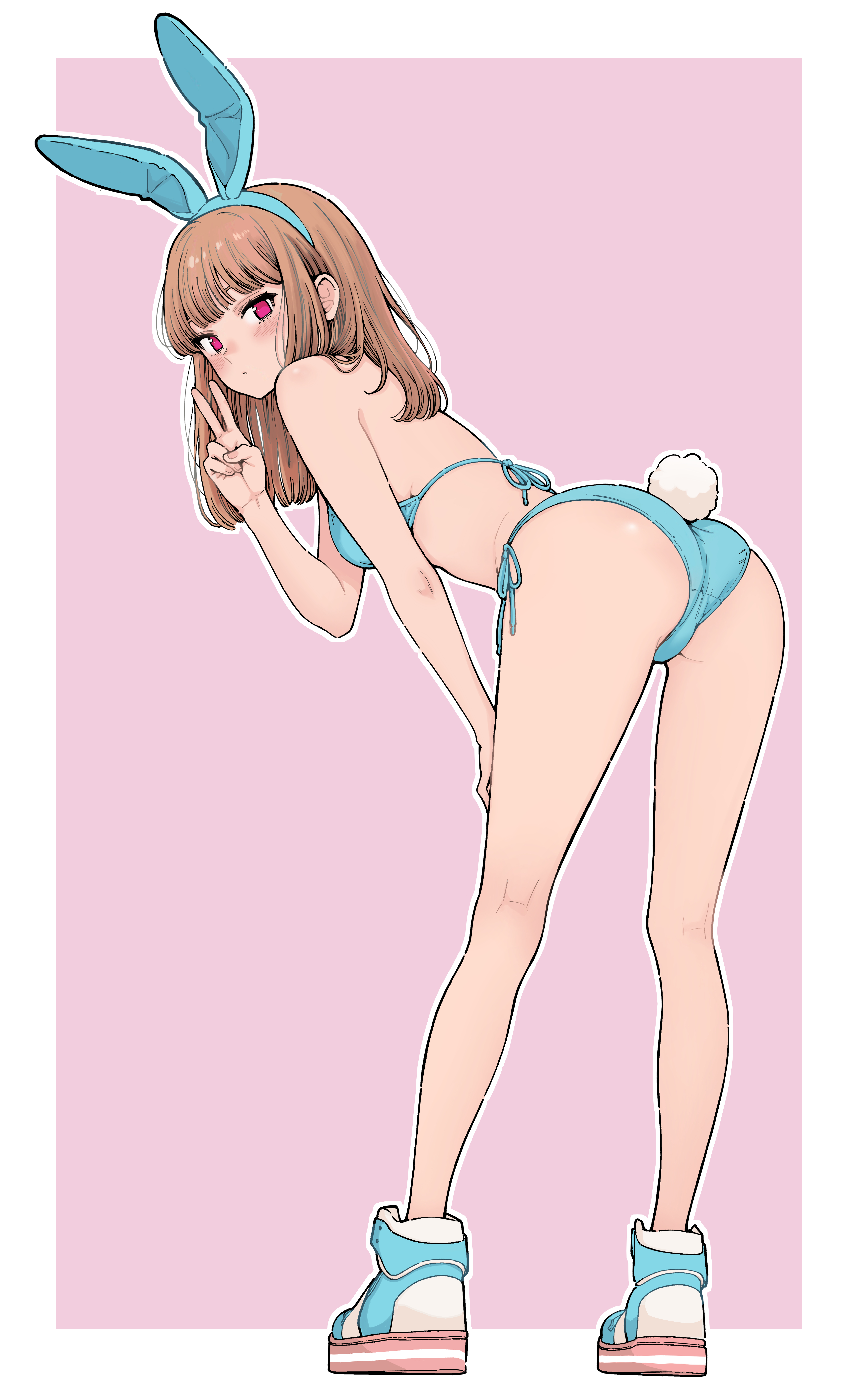 kuroki yuushin, original, absurdres, highres, 1girl, animal ears, ass, bikini, blue bikini, blue hairband, breasts, fake animal ears, fake tail, full body, hairband, leaning forward, looking at viewer, outline, rabbit ears, rabbit tail, shoes, side-tie bikini bottom, sign, sneakers, solo, swimsuit, tail, v, white outline