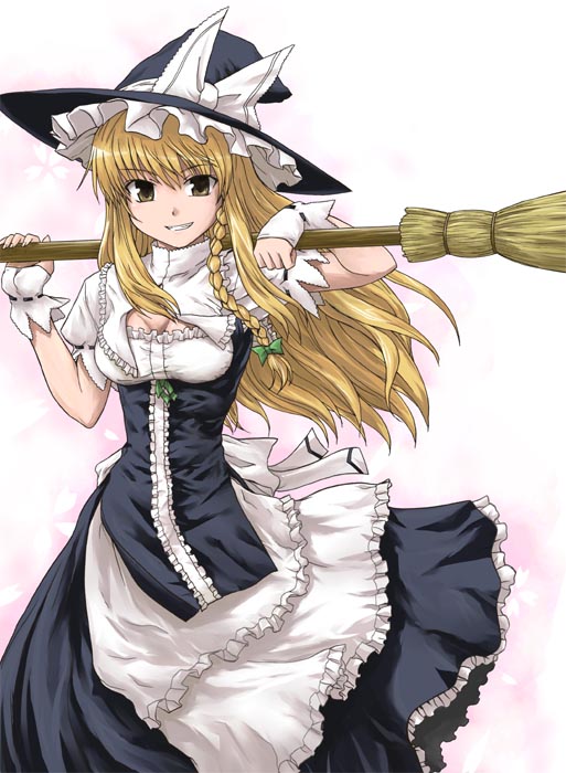 tsuyadashi shuuji, kirisame marisa, touhou, 1girl, blonde hair, braid, breasts, broom, brown eyes, cleavage, female focus, frills, grin, hat, long hair, smile, solo, wind, witch hat