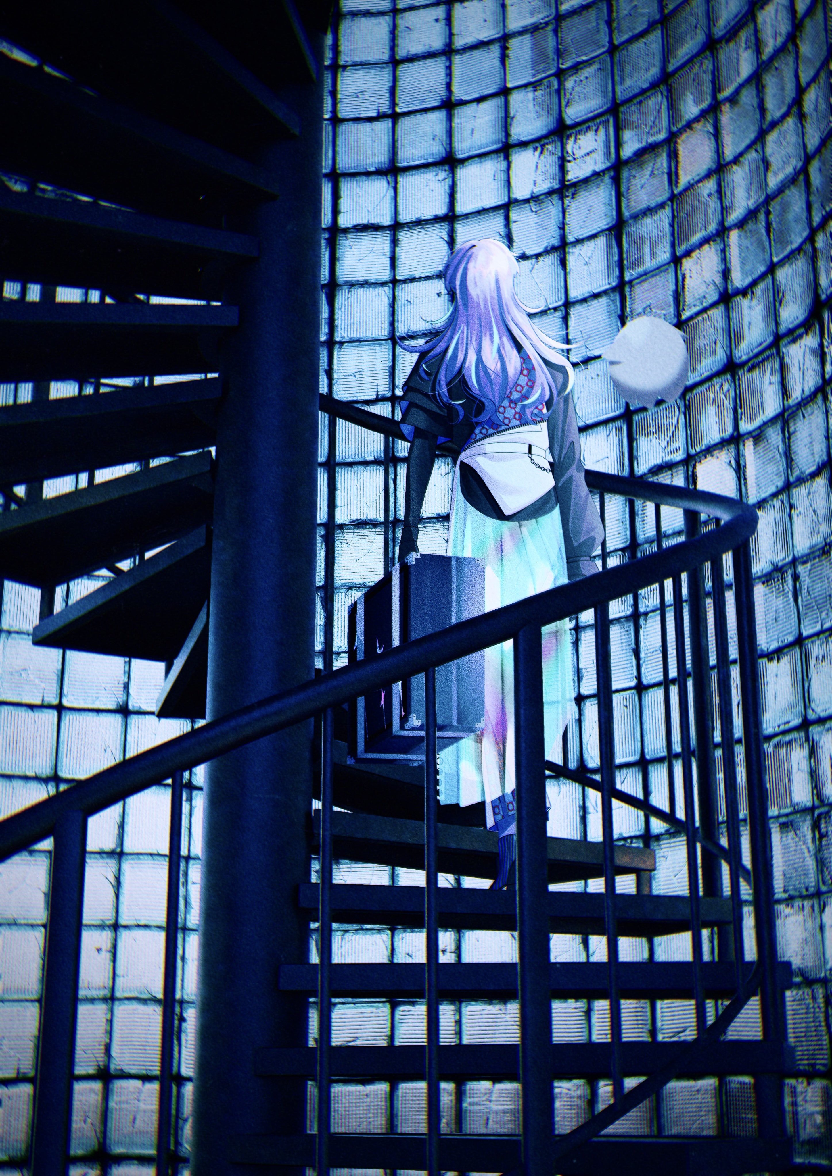 hoshirube sho, hoshirube sho (1st costume), otomo (hoshirube sho), nijisanji, absurdres, highres, 1boy, 404 4628, facing away, from behind, jacket, long hair, long sleeves, railing, skirt, solo, stairs, standing, white hair, white skirt