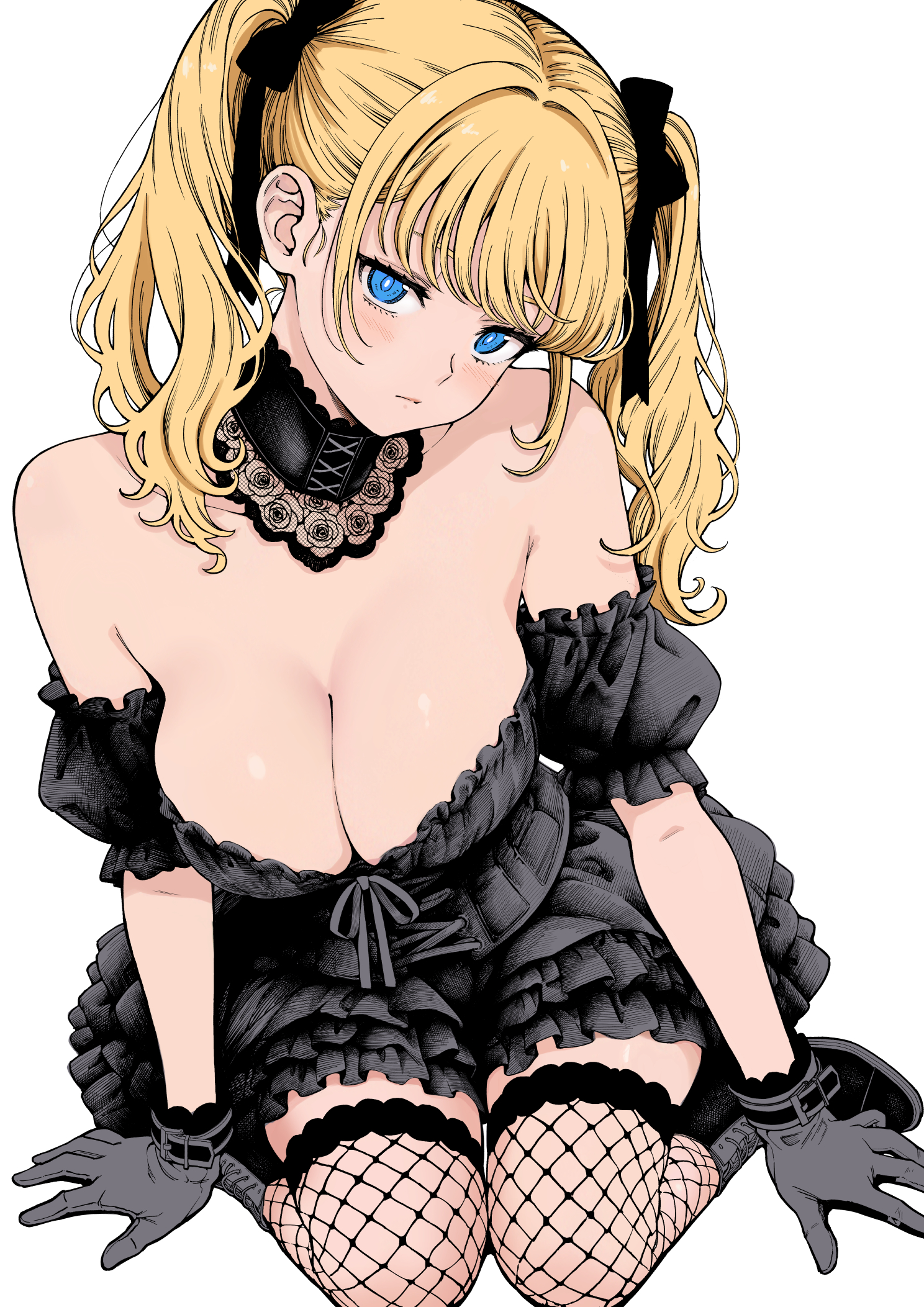 kuroki yuushin, original, commentary request, highres, 1girl, black bow, black dress, blonde hair, blue eyes, bow, breasts, cleavage, closed mouth, dress, fishnet thighhighs, fishnets, gloves, grey gloves, hair bow, large breasts, long hair, off-shoulder dress, off shoulder, short sleeves, simple background, sitting, solo, thighhighs, twintails, white background