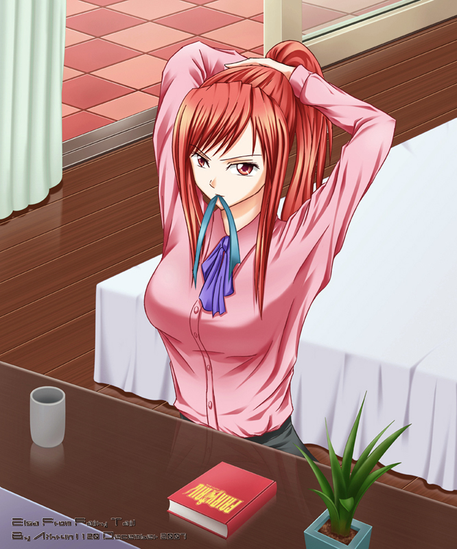 athrun1120, erza scarlet, fairy tail, bad id, bad pixiv id, 00s, 1girl, adjusting hair, arms up, bed, book, cup, female focus, hairdressing, mouth hold, plant, ponytail, red eyes, red hair, solo