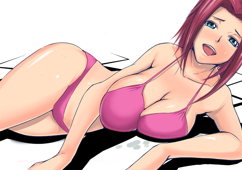 chihi, kouzuki kallen, code geass, bad id, bad pixiv id, 00s, 1girl, bikini, blue eyes, blush, breast press, breasts, cleavage, female focus, hip focus, huge breasts, large breasts, open mouth, pink bikini, red hair, short hair, simple background, solo, sweat, swimsuit, tongue, wide hips