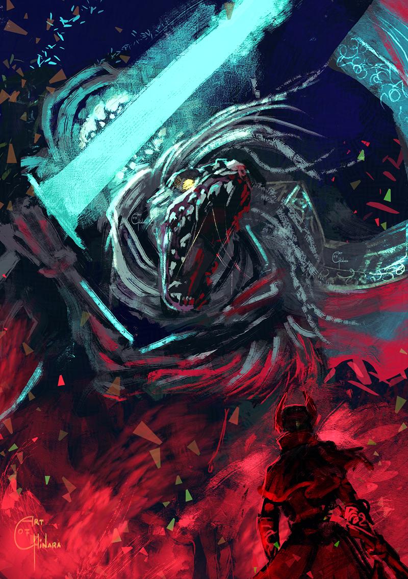 artofchinara, hunter (bloodborne), ludwig the accursed, bloodborne, 1other, blue background, capelet, cloak, coat, glowing, glowing eyes, hat, holding, holding sword, holding weapon, long sleeves, monster, moonlight greatsword, open mouth, red background, sword, teeth, tricorne, weapon, yellow eyes