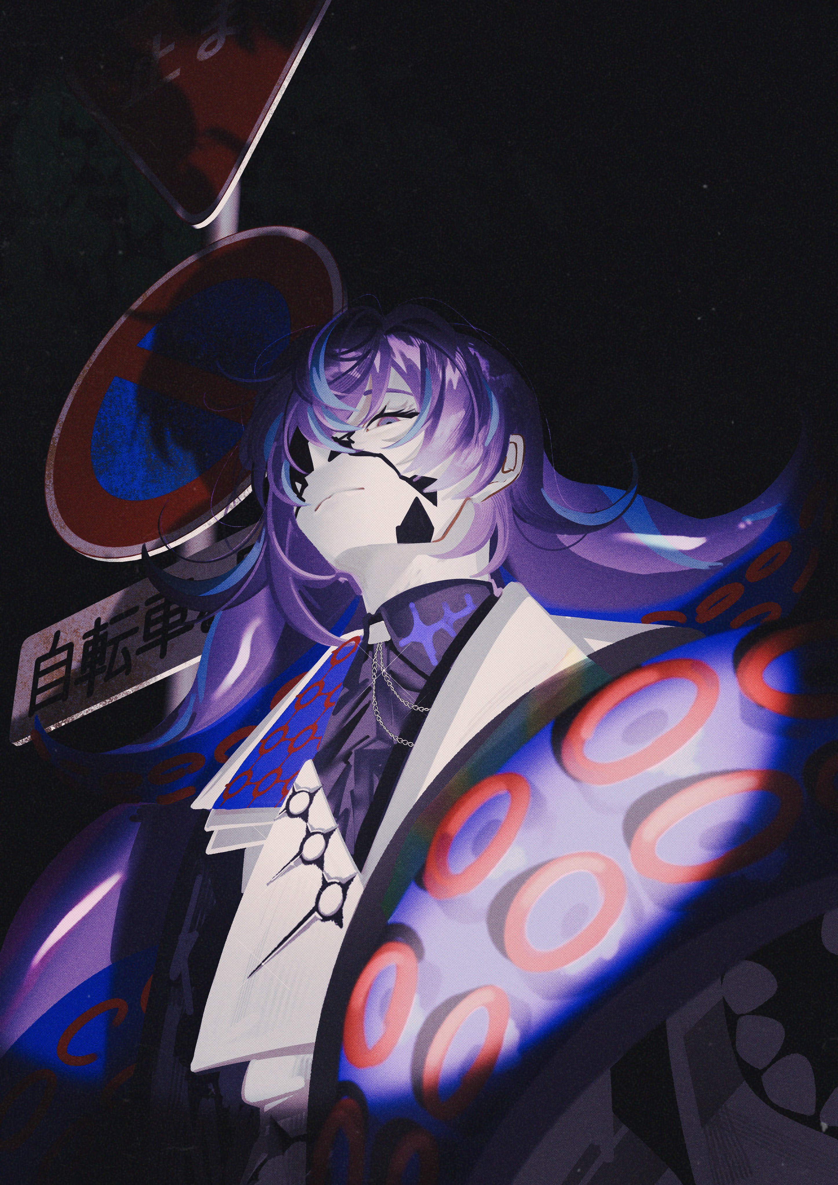 hoshirube sho, hoshirube sho (1st costume), nijisanji, facing up, absurdres, highres, 1boy, 404 4628, black background, black shirt, blue hair, closed eyes, closed mouth, colored skin, hair between eyes, jacket, jewelry, long hair, looking up, male focus, multicolored hair, necklace, purple hair, road sign, shirt, sign, smile, solo, streaked hair, tentacles, upper body, virtual youtuber, white jacket