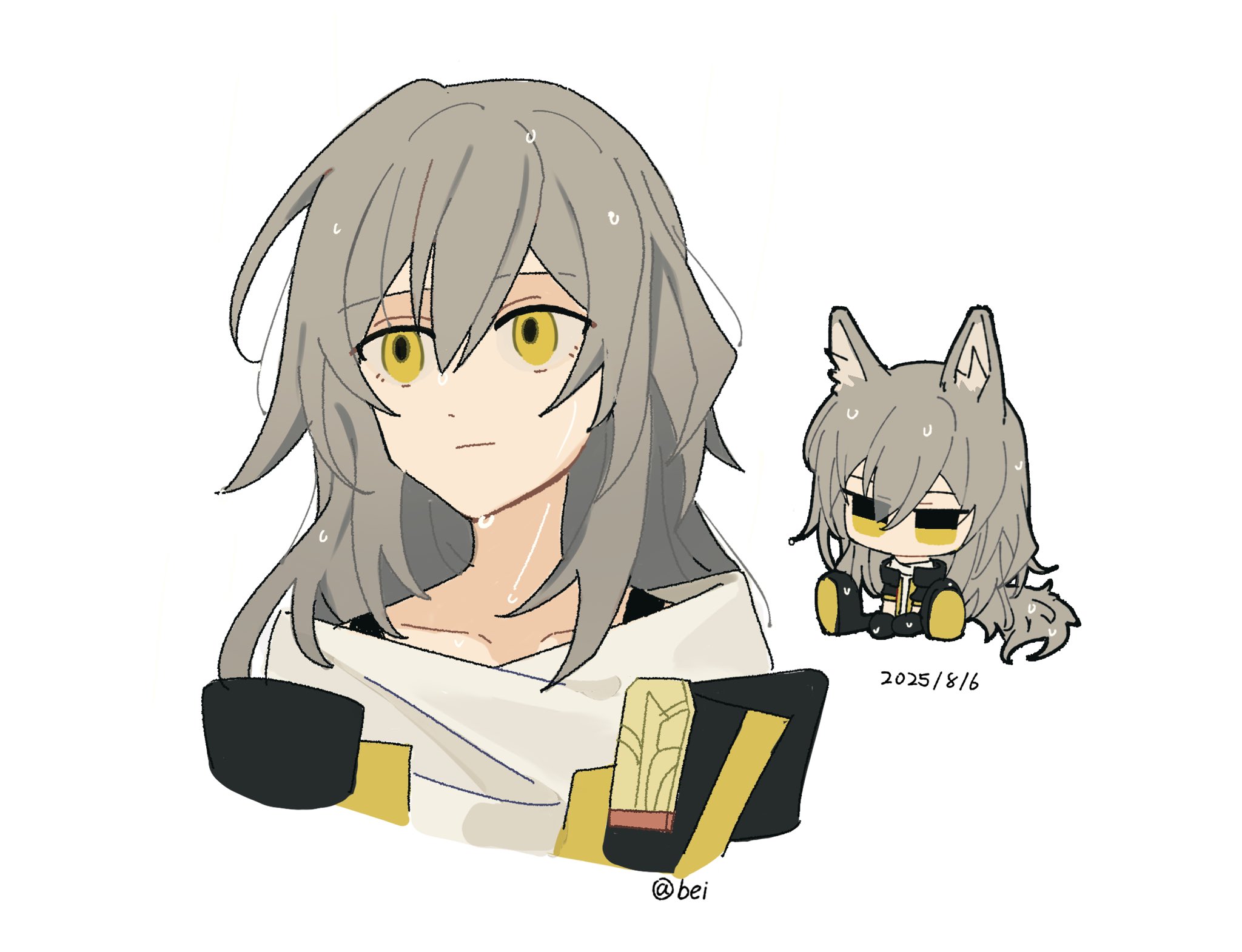 beibc eee, stelle (honkai: star rail), trailblazer (honkai: star rail), honkai: star rail, honkai (series), highres, 1girl, :i, animal ears, black jacket, chibi, closed mouth, cropped torso, dated, dog ears, dog girl, dog tail, grey hair, hands on ground, jacket, multiple views, shirt, simple background, sitting, solo focus, tail, upper body, water drop, wet, white background, white shirt, yellow eyes