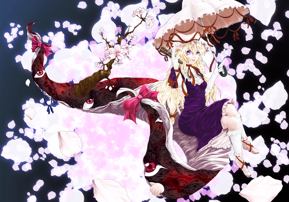 jyun, yakumo yukari, touhou, 1girl, blonde hair, cherry blossoms, dress, female focus, folded fan, folding fan, gap (touhou), hand fan, hat, parasol, solo, umbrella