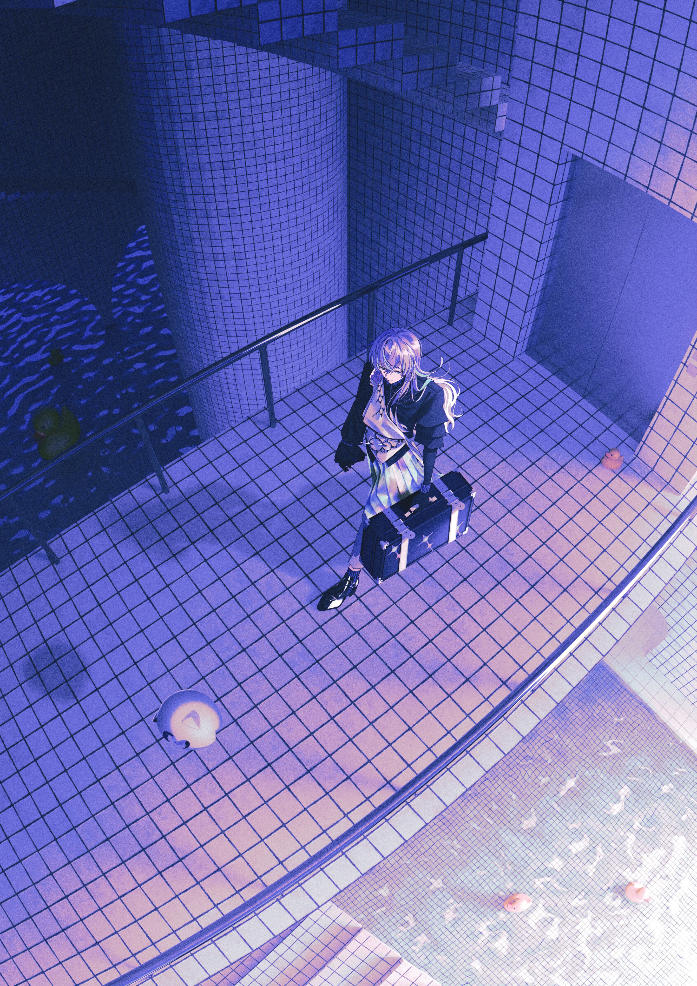 hoshirube sho, hoshirube sho (1st costume), otomo (hoshirube sho), nijisanji, absurdres, highres, 1boy, 404 4628, from above, jacket, liminal space, long hair, male focus, pants, shoes, sitting, solo, tiles, white hair, wide shot
