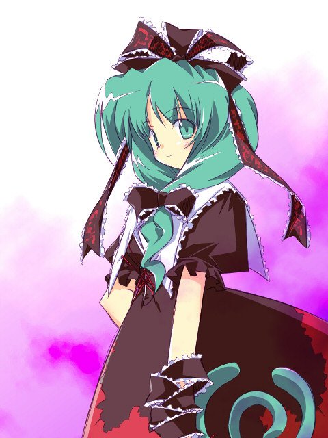 kagiyama hina, touhou, 1girl, female focus, front ponytail, gradient background, green hair, ribbon, solo, standing, white background