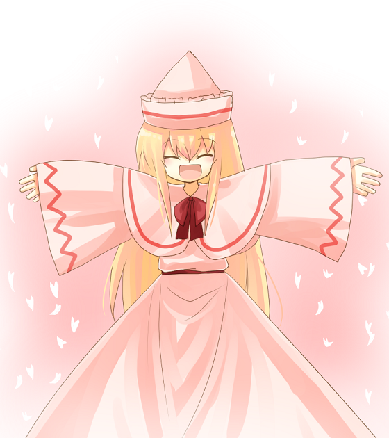 yuzuki (yuduame), lily white, touhou, bad id, bad pixiv id, 1girl, :d, ^ ^, blonde hair, blush, bow, bowtie, closed eyes, cowboy shot, dress, female focus, hat, long hair, long sleeves, open mouth, outstretched arms, pink background, pink dress, red bow, red bowtie, simple background, smile, solo, tate eboshi, very long hair