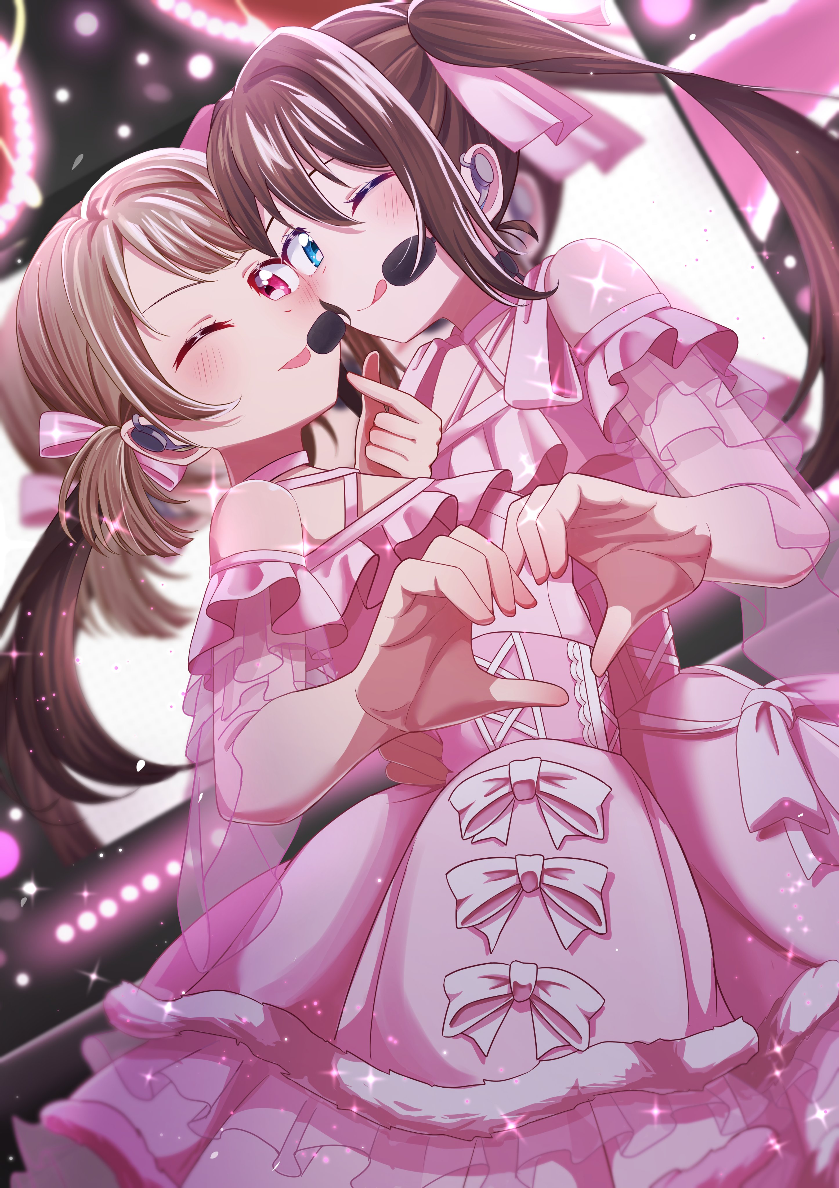 hiiragi (hi ragi1250), nakasu kasumi, osaka shizuku, love live!, love live! nijigasaki high school idol club, absurdres, commentary, highres, 2girls, ;q, bare shoulders, blue eyes, bow, brown hair, cosplay, cowboy shot, detached sleeves, dress, dress bow, dutch angle, frilled dress, frills, headset, heart, heart hands, heart hands duo, koakuma love, long hair, looking at viewer, matching outfits, multiple girls, official alternate costume, one eye closed, osaka shizuku (cosplay), pink dress, red eyes, short dress, short twintails, sleeveless, sleeveless dress, sparkle, tongue, tongue out, twintails