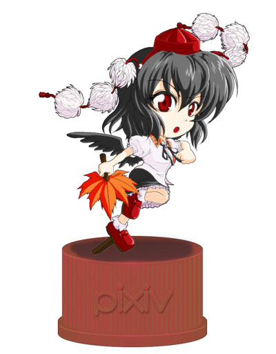 jyun, shameimaru aya, touhou, 1girl, black hair, chibi, female focus, geta, hat, looking at viewer, open mouth, pixiv bottlecap, red eyes, solo, tengu-geta, tokin hat