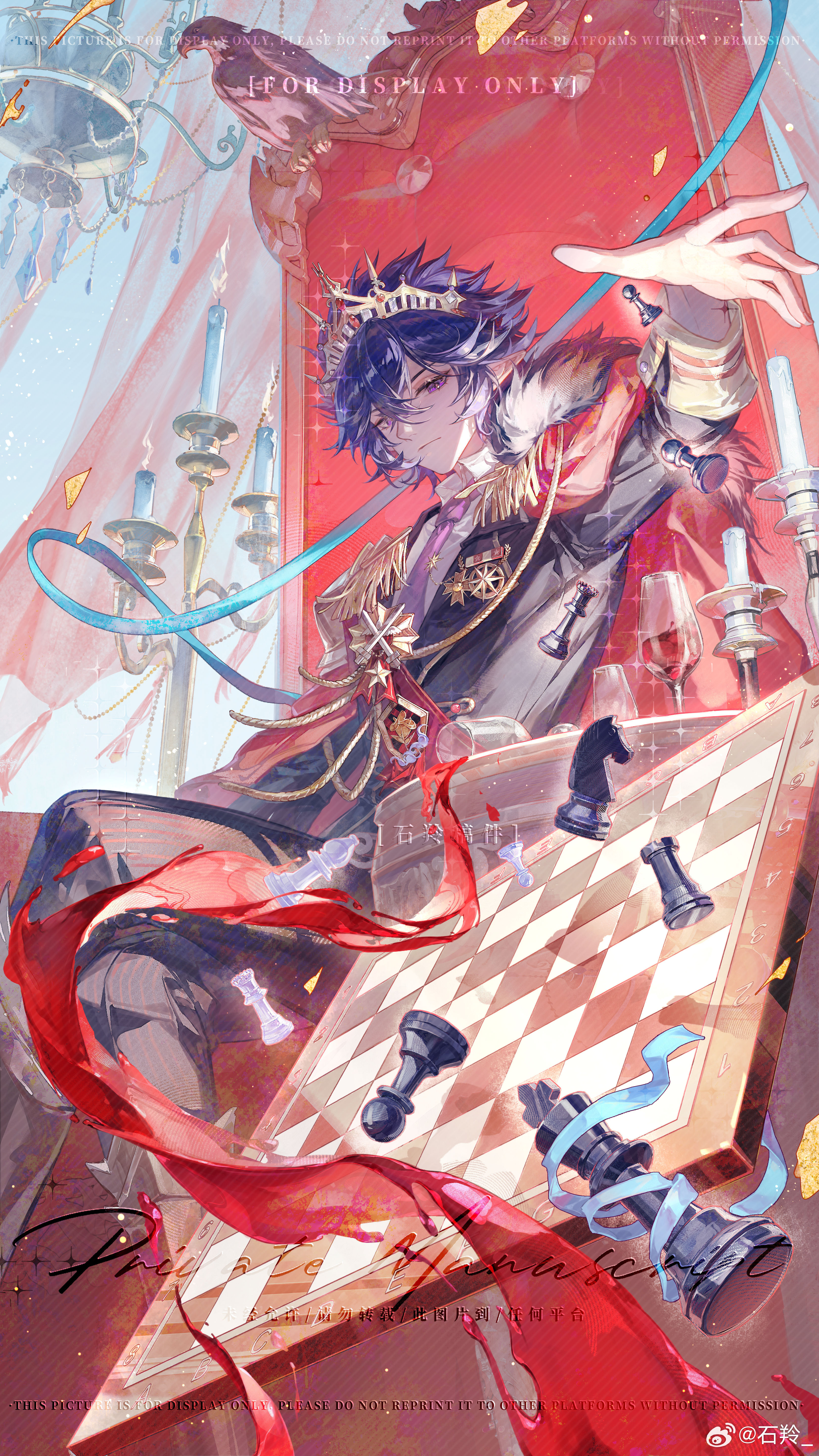 shiling, ray (aotu world), aotu world, absurdres, chinese commentary, commission, highres, 1boy, aiguillette, alcohol, bird, bishop (chess), black jacket, black pants, blue hair, blue ribbon, boots, brooch, candelabra, candle, candlestand, cape, chandelier, chess piece, chessboard, closed mouth, collared shirt, crossed bangs, crossed legs, crown, cup, drinking glass, dropping, eagle, epaulettes, feet out of frame, fur-trimmed cape, fur trim, hair between eyes, hand up, jacket, jewelry, king (chess), knight (chess), lapels, light particles, long sleeves, looking at viewer, male focus, medal, necktie, notched lapels, open hand, pants, pawn (chess), pinstripe pants, pinstripe pattern, pointy ears, purple eyes, purple necktie, queen (chess), red cape, red sash, red wine, ribbon, rook (chess), sash, serious, shirt, short hair, shoulder sash, sideways glance, sitting, sitting on throne, sleeve cuffs, solo, spilling, tie clip, watermark, weibo watermark, white shirt, wine, wine glass