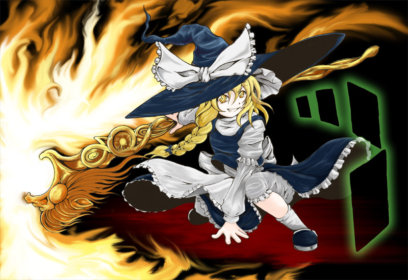 jyun, kirisame marisa, touhou, eyebrows, 1girl, apron, arm support, black hat, black shoes, black skirt, black vest, blonde hair, bow, braid, card, female focus, fire, floating card, frilled apron, frilled sleeves, frills, full body, grin, hair between eyes, hair bow, hat, hat bow, hat ribbon, holding, holding weapon, layered sleeves, long hair, long sleeves, looking at viewer, magic, mary janes, outstretched arm, pale skin, ribbon, shirt, shoes, short over long sleeves, short sleeves, skirt, smile, socks, solo, squatting, standing, vest, waist apron, weapon, white apron, white bow, white ribbon, white shirt, white socks, witch hat, yellow eyes