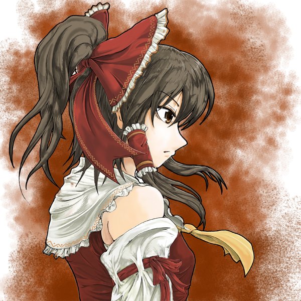 jyun, hakurei reimu, imperishable night, touhou, 1girl, bow, brown eyes, brown hair, detached sleeves, female focus, hair bow, japanese clothes, miko, profile, solo, upper body