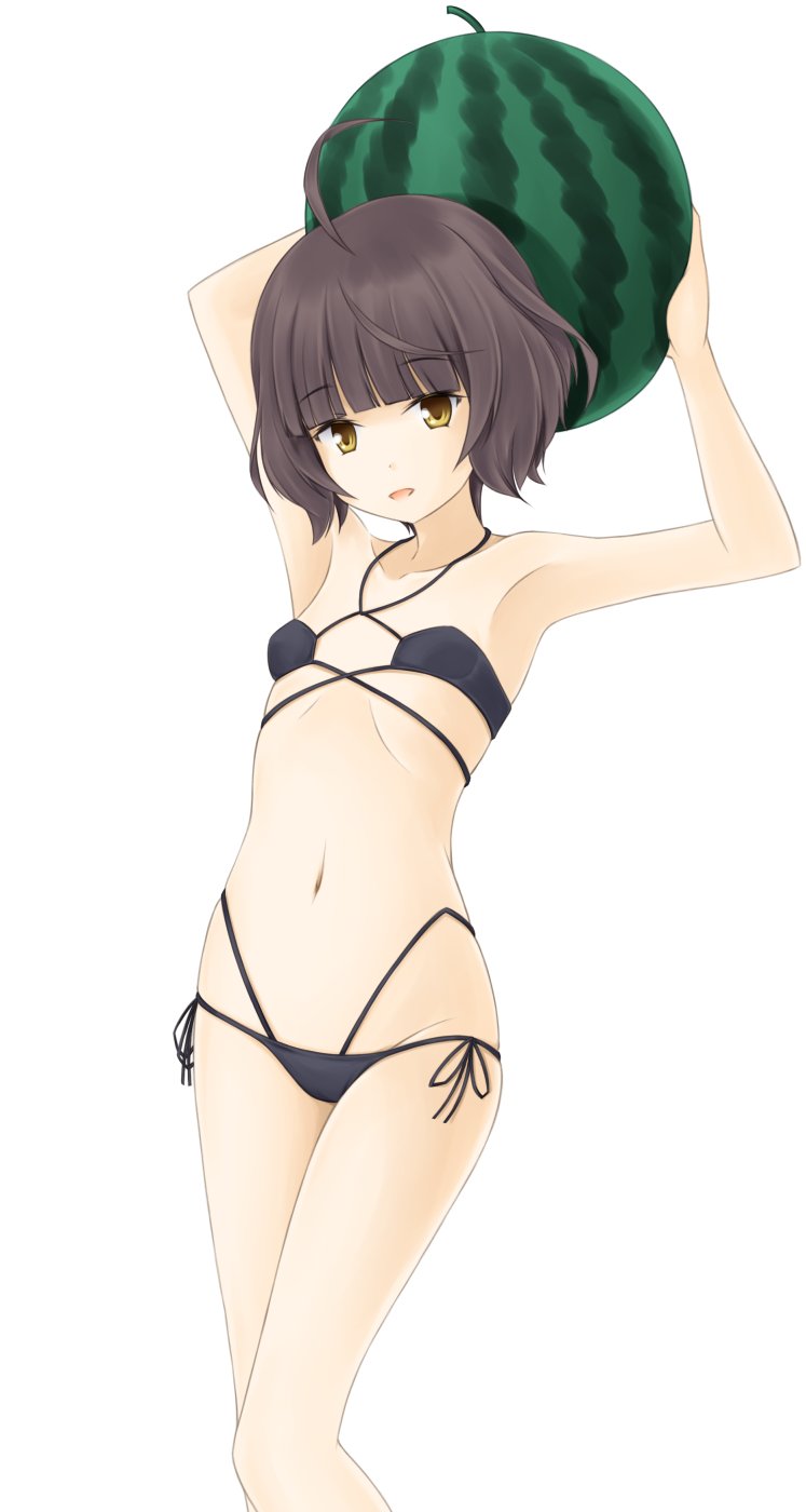 tapioka (coconuts), kishinami (kancolle), kantai collection, highres, 1girl, bikini, black bikini, black hair, breasts, brown eyes, feet out of frame, food, fruit, multi-strapped bikini bottom, multi-strapped bikini top, short hair, side-tie bikini bottom, simple background, small breasts, solo, swimsuit, watermelon, wavy hair, white background