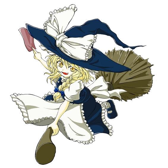 jyun, kirisame marisa, touhou, bad id, bad pixiv id, 1girl, blonde hair, broom, broom riding, dress, female focus, full body, hat, simple background, solo, white background, witch, witch hat, yellow eyes