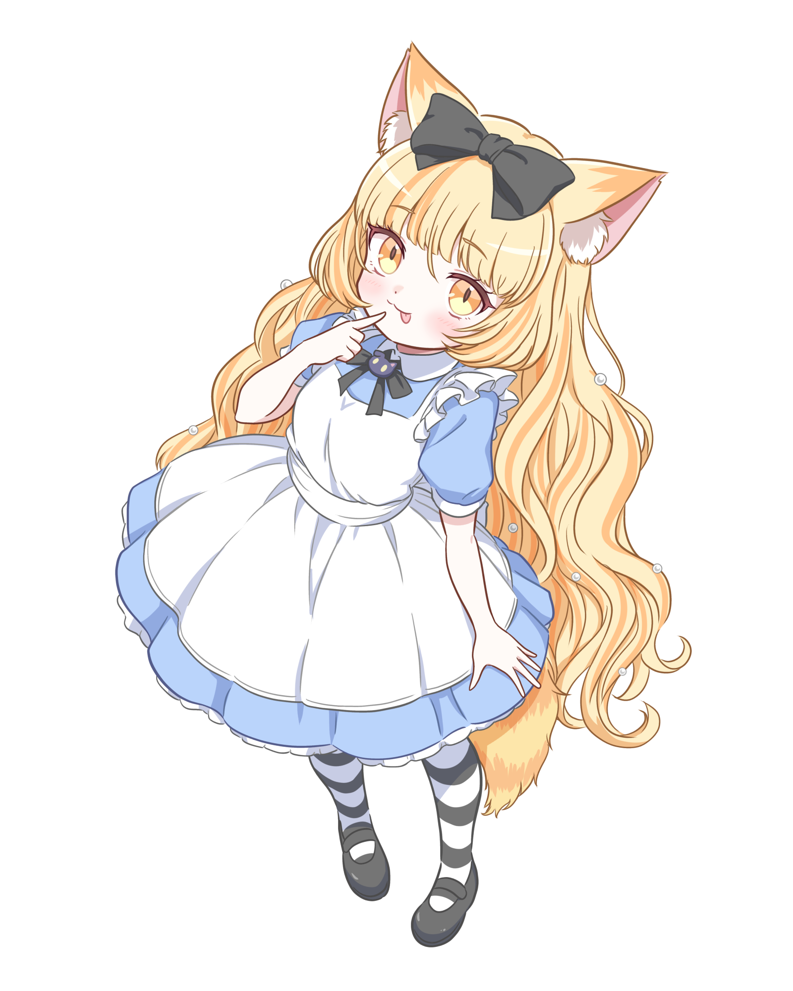 nyantasia, sanrio, highres, 1girl, :p, animal ears, apron, black bow, blonde hair, blue dress, bow, cat ears, cat girl, cat tail, dress, finger to mouth, full body, hair bow, kagunya, long hair, looking at viewer, maid apron, nyamamugi tart, puffy short sleeves, puffy sleeves, short sleeves, tail, tongue, tongue out, transparent background, virtual youtuber, white apron, yellow eyes