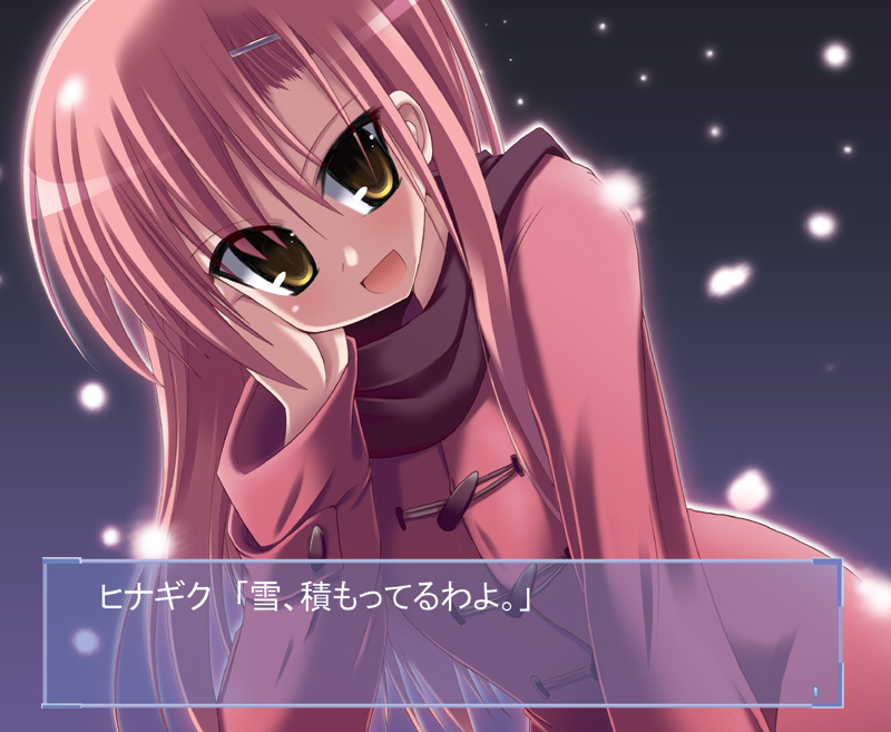 hoppege, katsura hinagiku, hayate no gotoku!, translated, 00s, 1girl, blush, coat, fake screenshot, female focus, long hair, open mouth, pink hair, smile, snow, solo, visual novel, yellow eyes